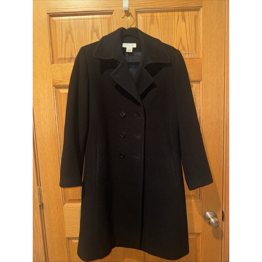 Preston & York II Black Trench Coat Dress Knee Length 100% wool Double Breast 6